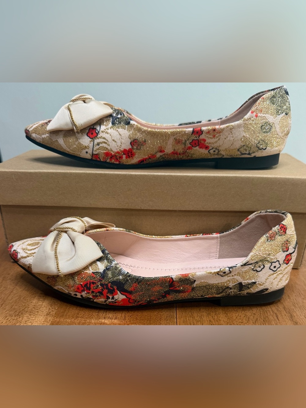 Women’s Floral Brocade Ballet Flats w/ Bow | Pointed Toe | Size US-9 European-40